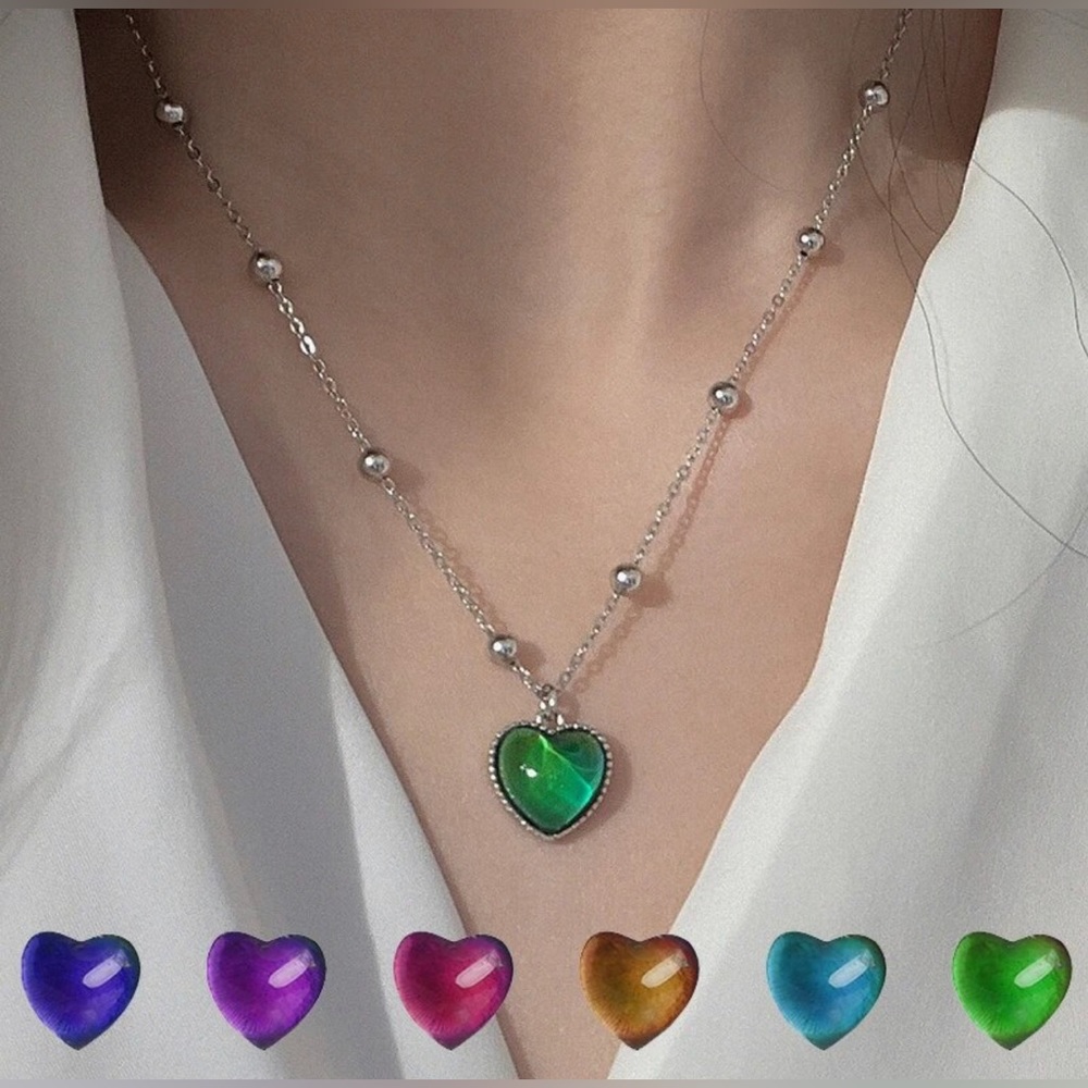 3 Pcs Stainless Steel Necklace Color Changing Heart-Shaped Mood Pendant